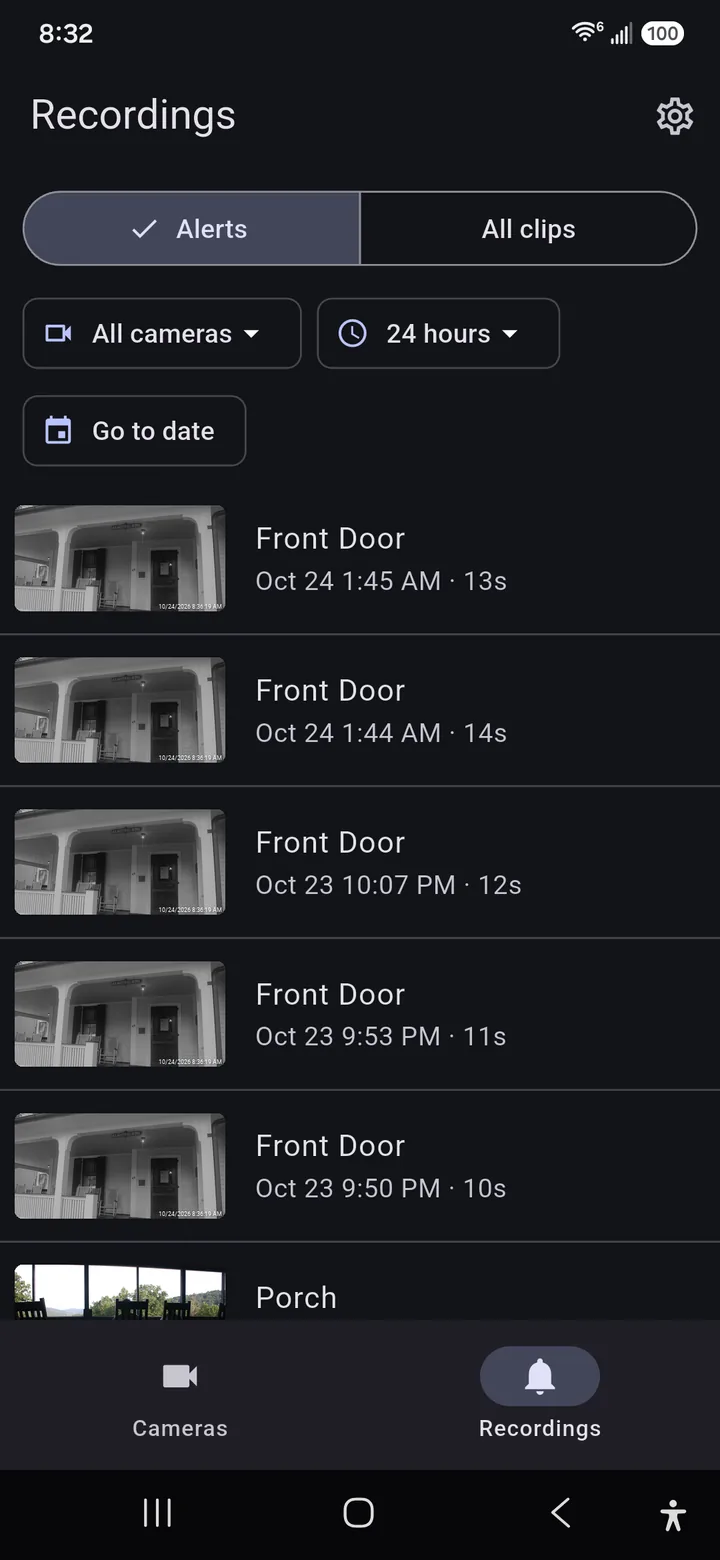 Alerts list with camera, time range and go to date filters