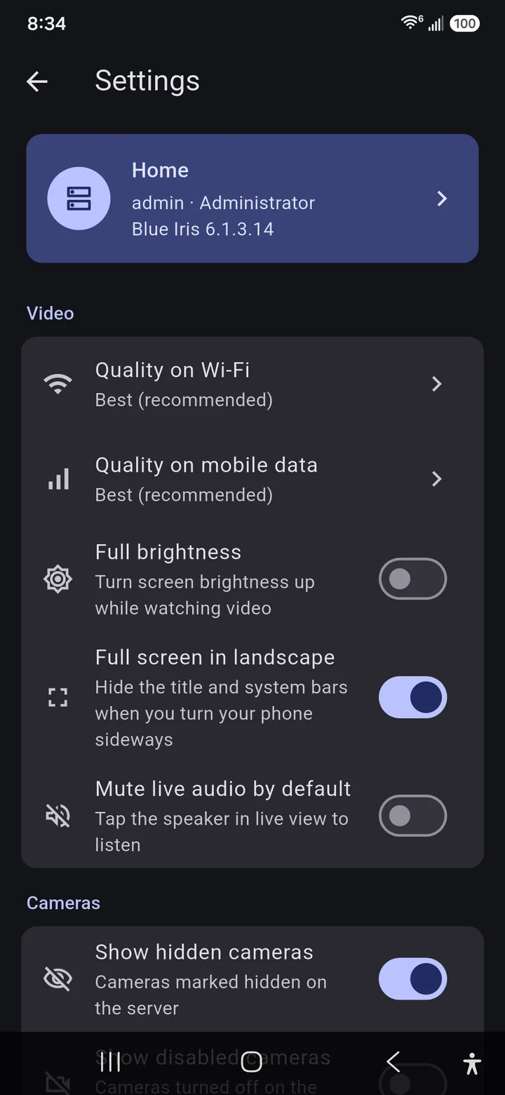 Settings screen